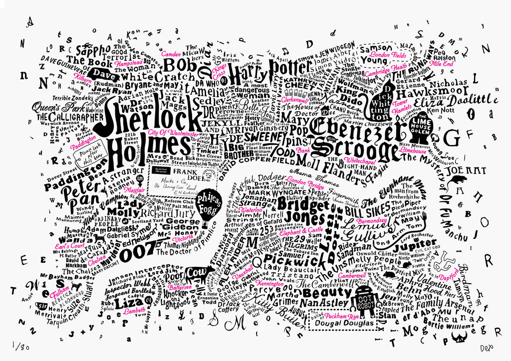 Literary Central London Map (Black and Fluoro Red Screenprint)